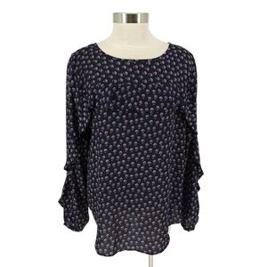 Ann Taylor LOFT Blouse Navy Blue Floral Ruffle Long Sleeve Shirt Large